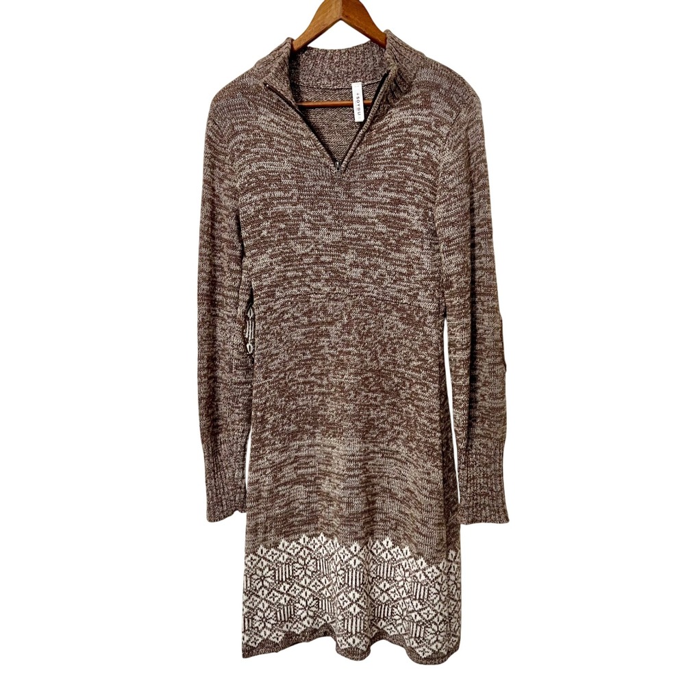 SOYBU Womens Brown Marled Knit Fair Isle Snowflake Sweater Dress Collared M